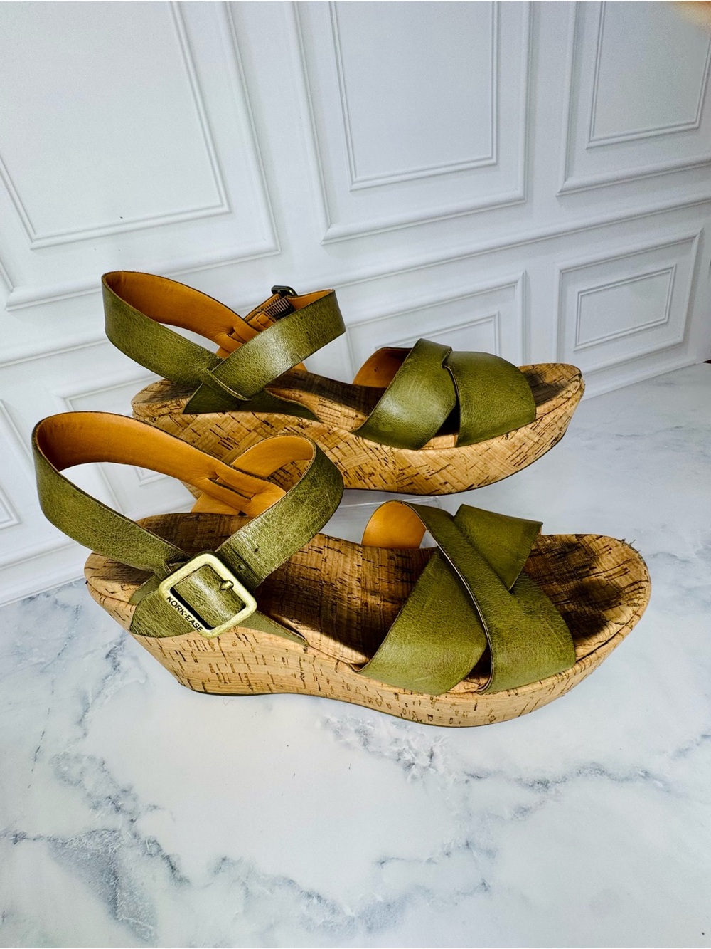 Kork-Ease Myrna Olive Green Leather Cork Wedge Sandals 10M - Picture 13 of 14